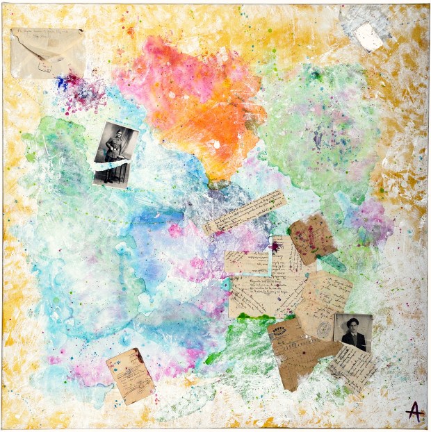 Técnica mixta sobre lienzo, 100x100cm, 600€ Dedicado a mi yayo y a mi tío abuelo para la exposición “Amor en tiempos de guerra”. Für meinen Yayo (Opi) und meinen Großonkel für die Ausstellung “Liebe in Bürgerkriegszeiten”.