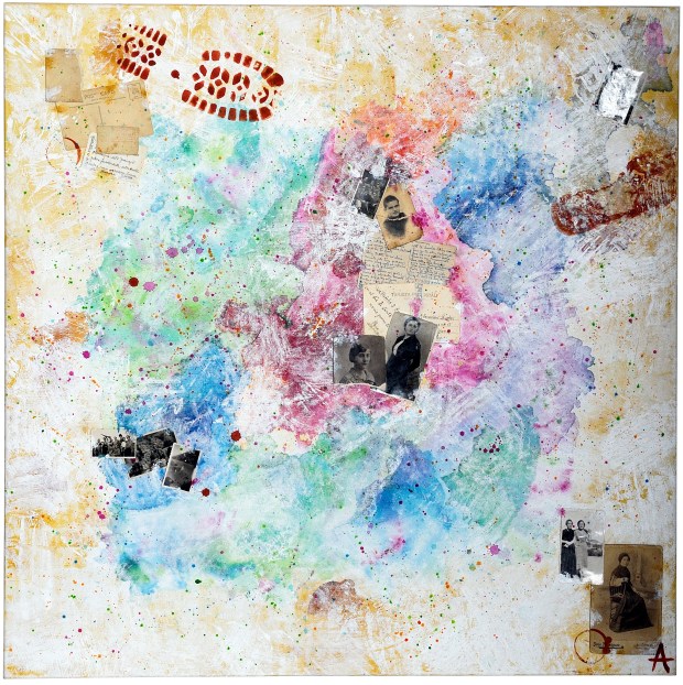 Técnica mixta sobre lienzo, 100x100cm, 600€ Dedicado a mi yayo y a mi tío abuelo para la exposición “Amor en tiempos de guerra”. Für meinen Yayo (Opi) und meinen Großonkel für die Ausstellung “Liebe in Bürgerkriegszeiten”.